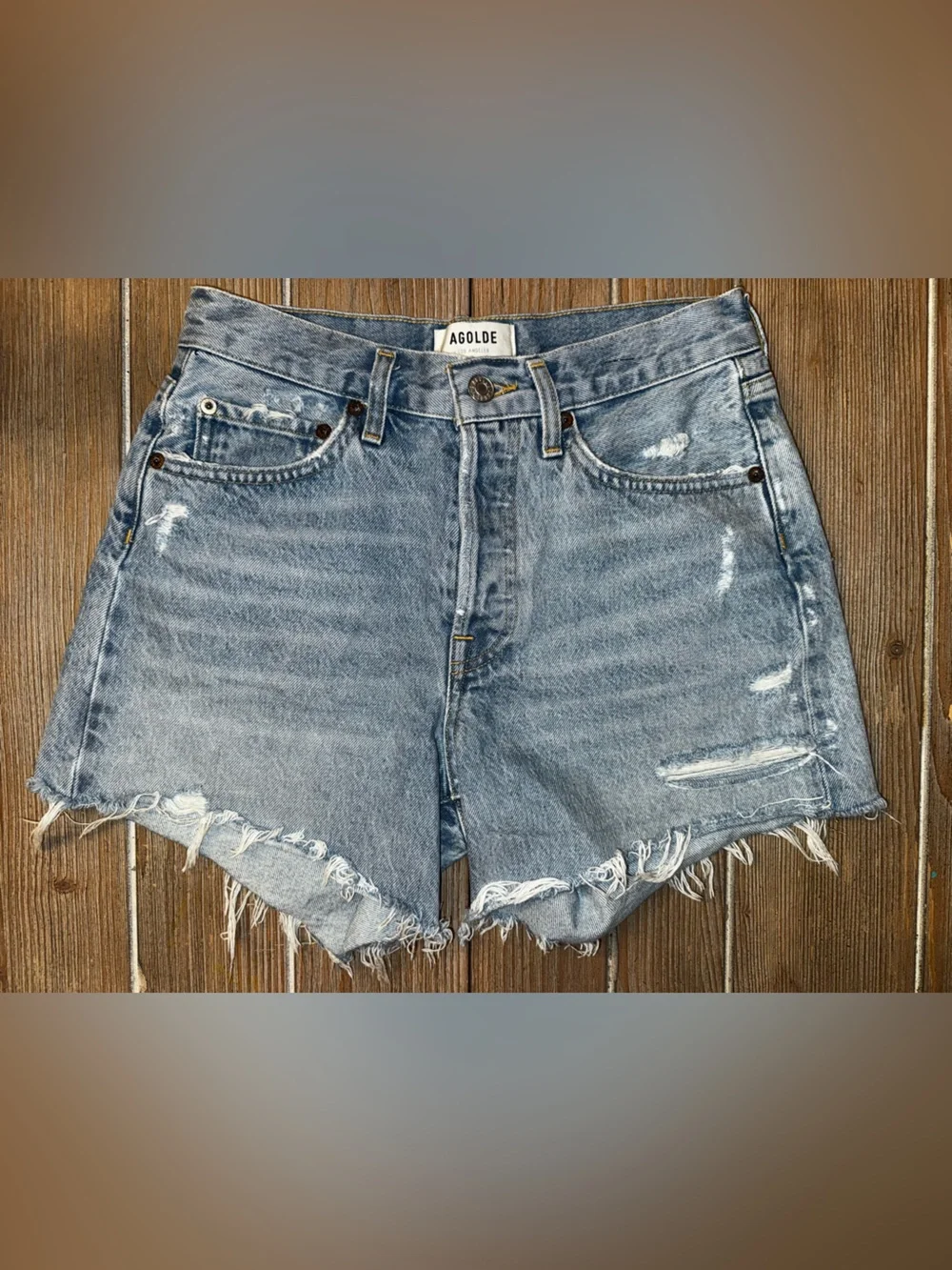 Agolde Parker Long high-Rise Light Blue distressed Denim Shorts